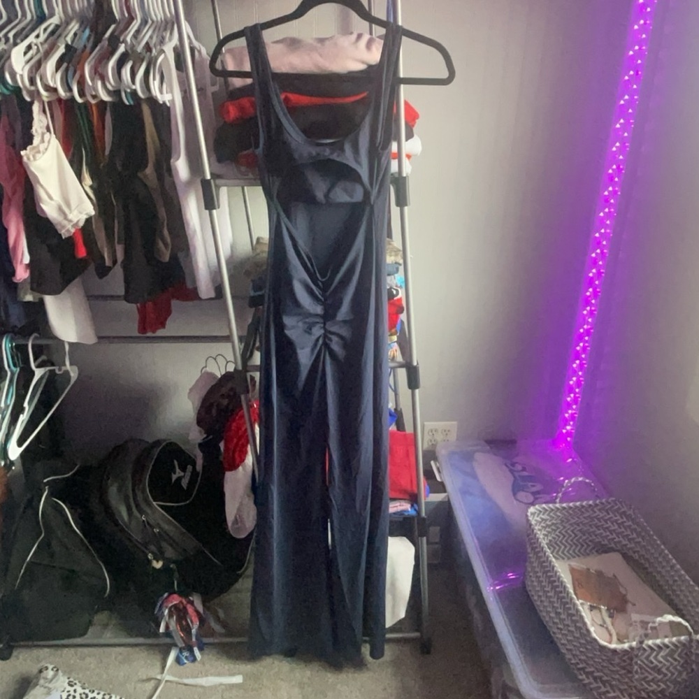 TikTok Viral Flare Jumpsuit with Open Back in Navy Blue